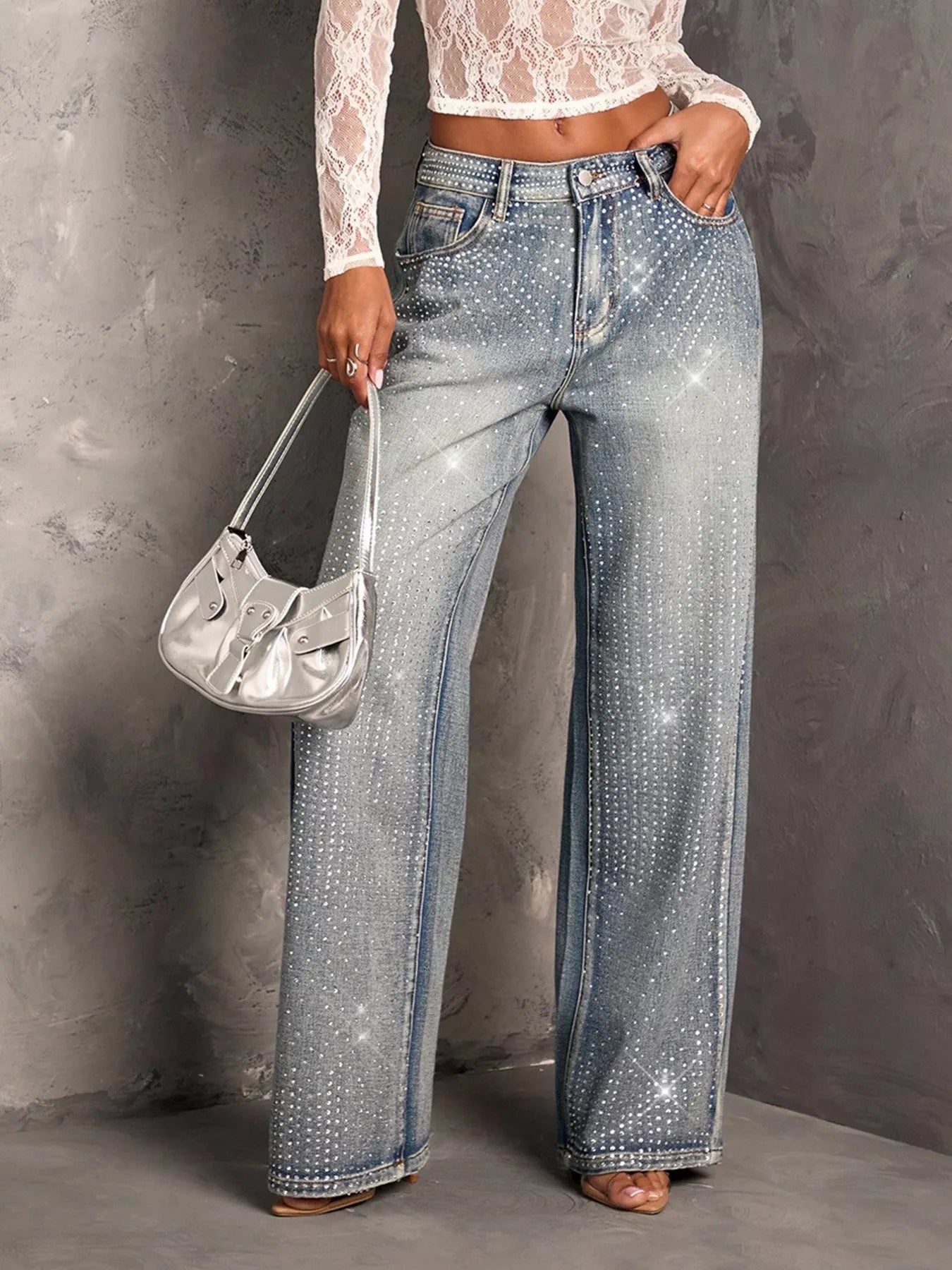 Rhinestone wide leg jeans in blue front view