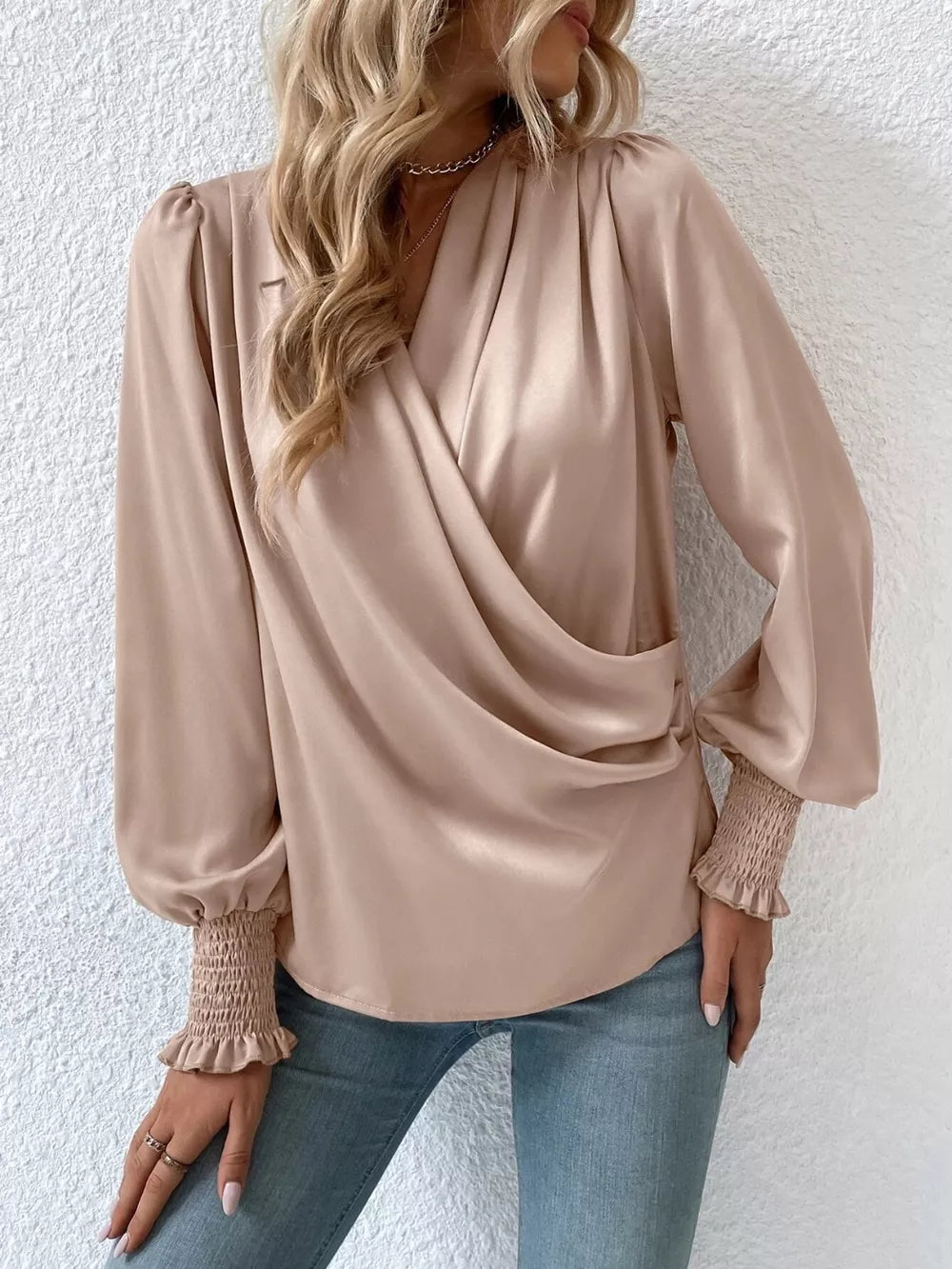 Smocked blouse surplice neckline detail