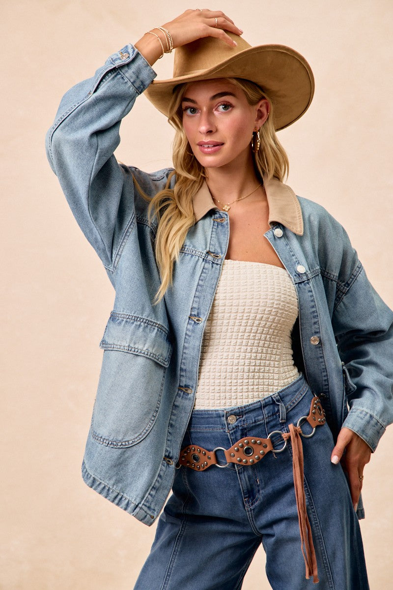 Vintage denim jacket styled casually - full outfit view