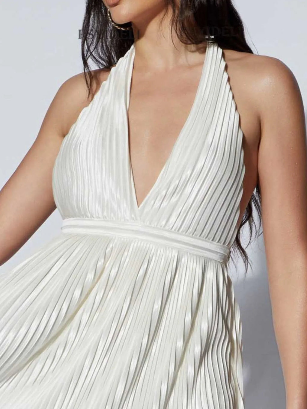 Pleated halter neck mini dress angled view