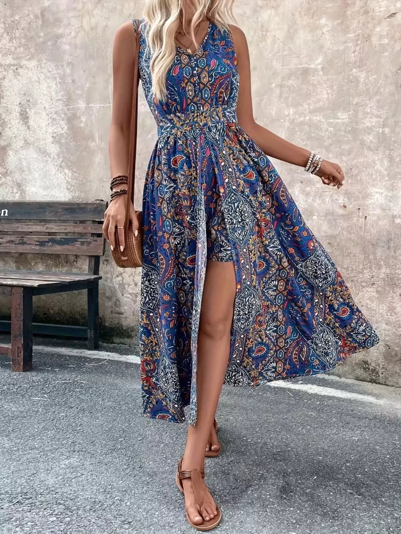 Womens sleeveless romper three quarter view