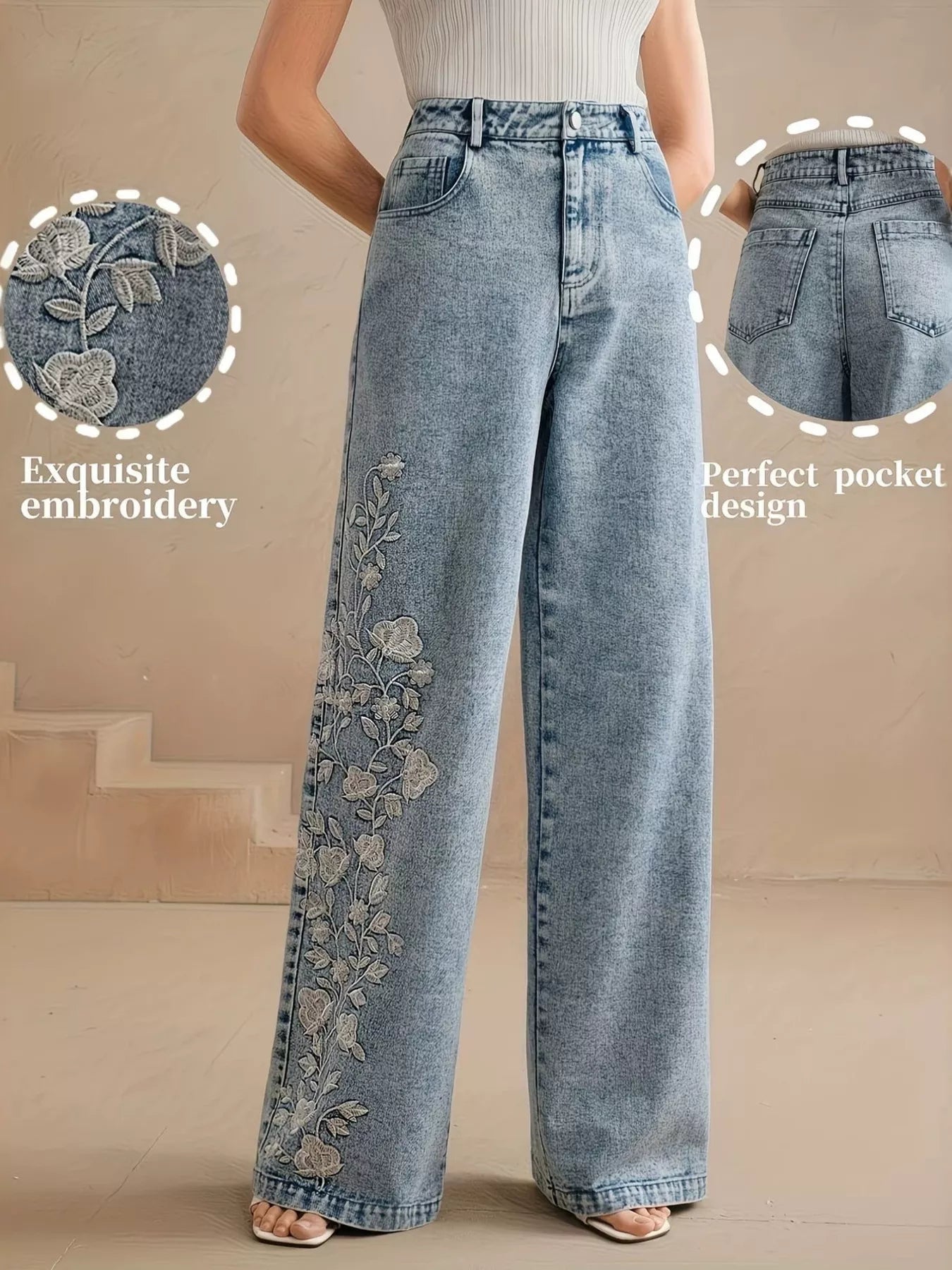 Embroidery detail on blue wide leg jeans