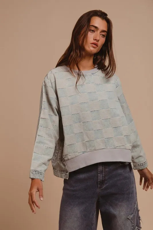 Denim top back view on model