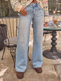 Washed wide leg jeans with button waist front view