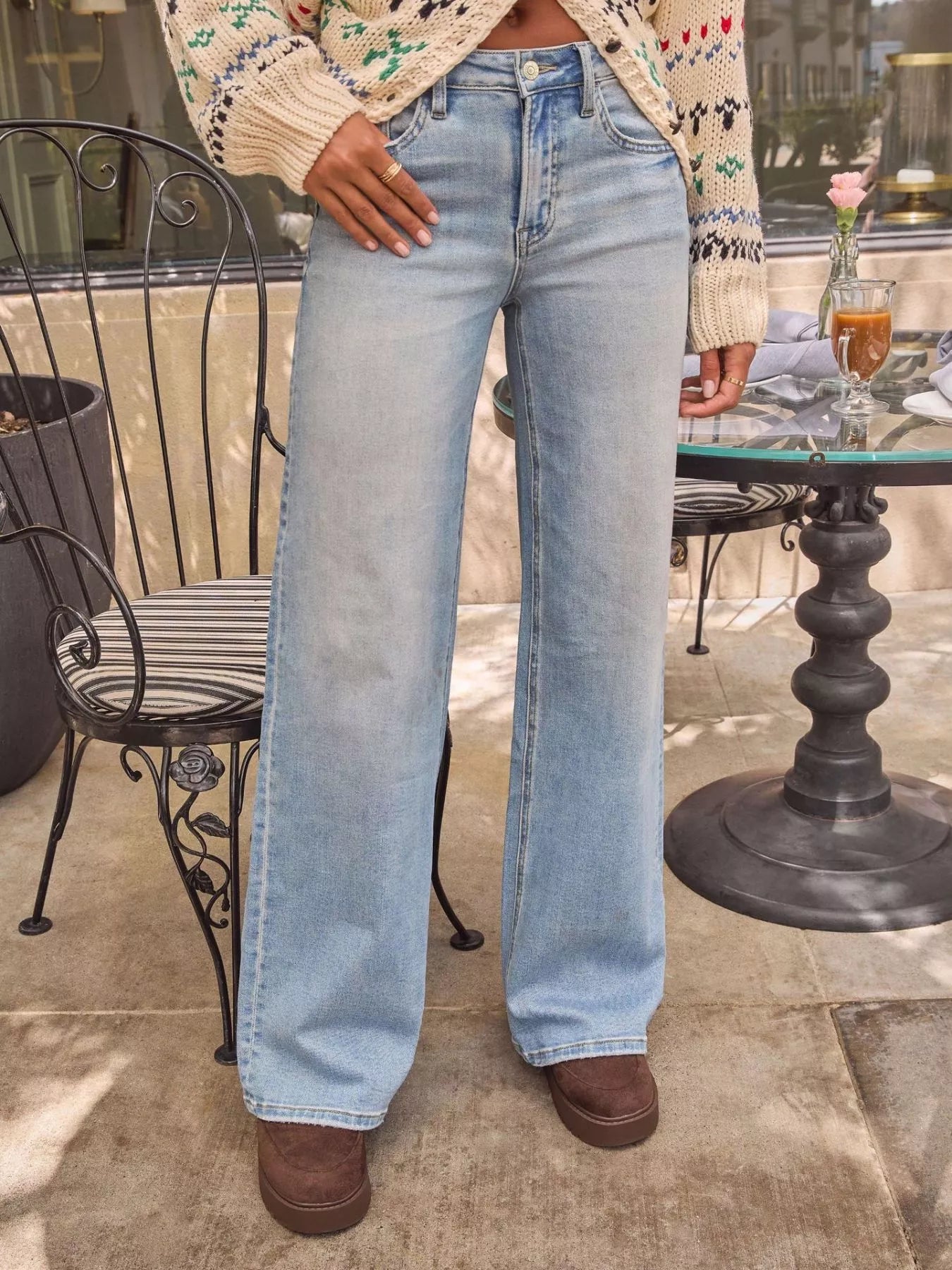 Washed wide leg jeans with button waist front view