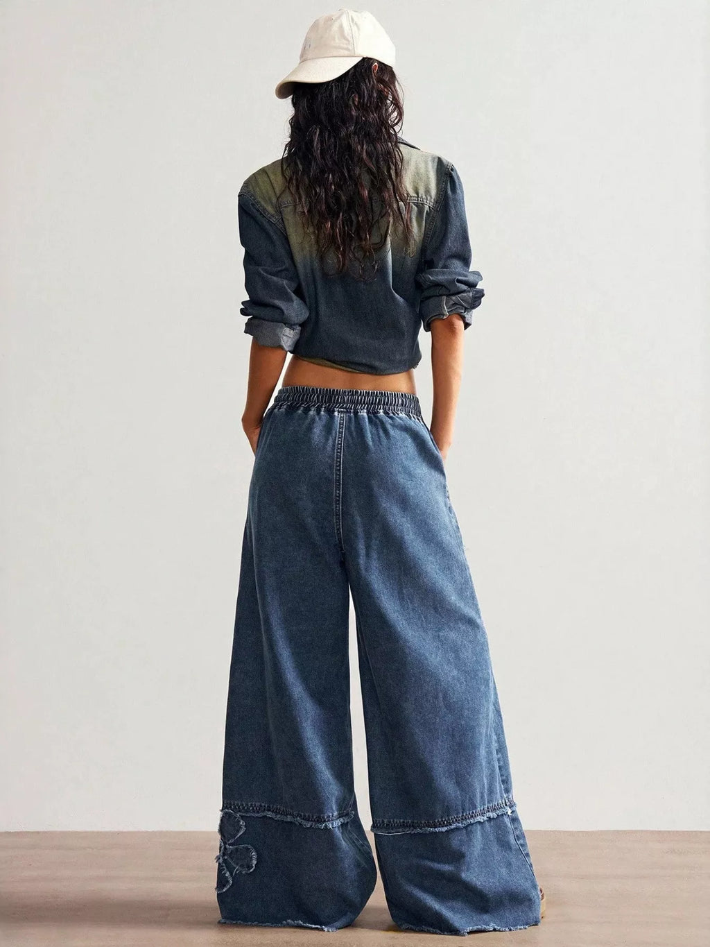 Floral applique wide leg jeans walking view