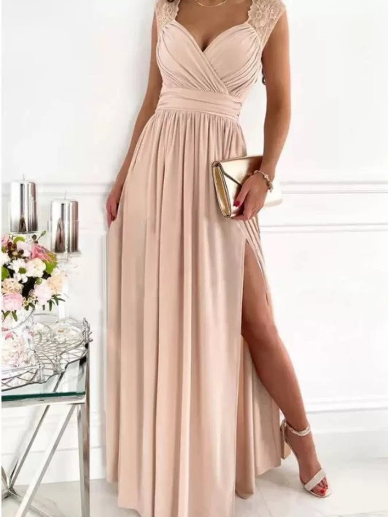 Lace maxi dress wedding guest styled look