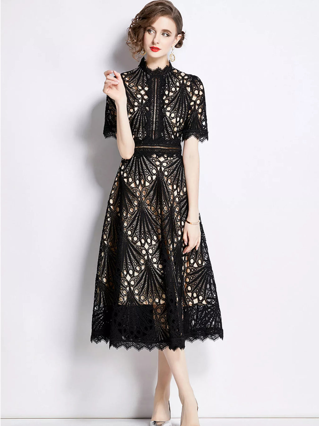 Black lace midi dress detail of short sleeves
