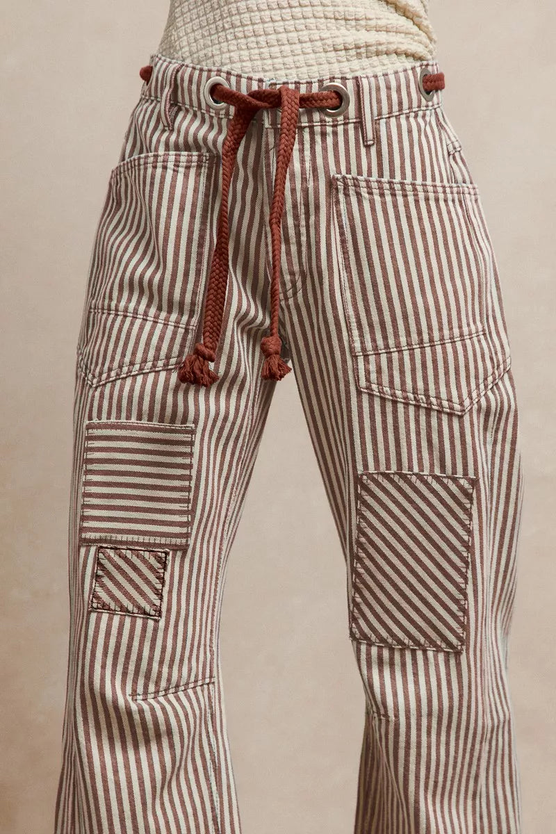 Drawstring striped twill barrel pants front view in mocha brown
