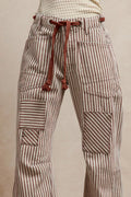 Drawstring striped twill barrel pants front view in mocha brown