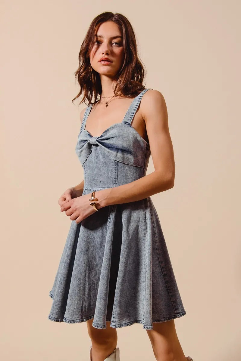 Denim flare dress bow detail close up
