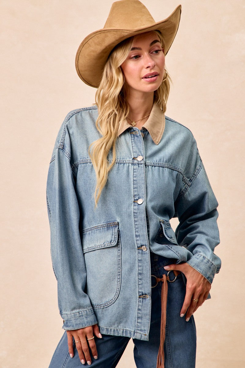 Button-down front closure detail on vintage denim jacket