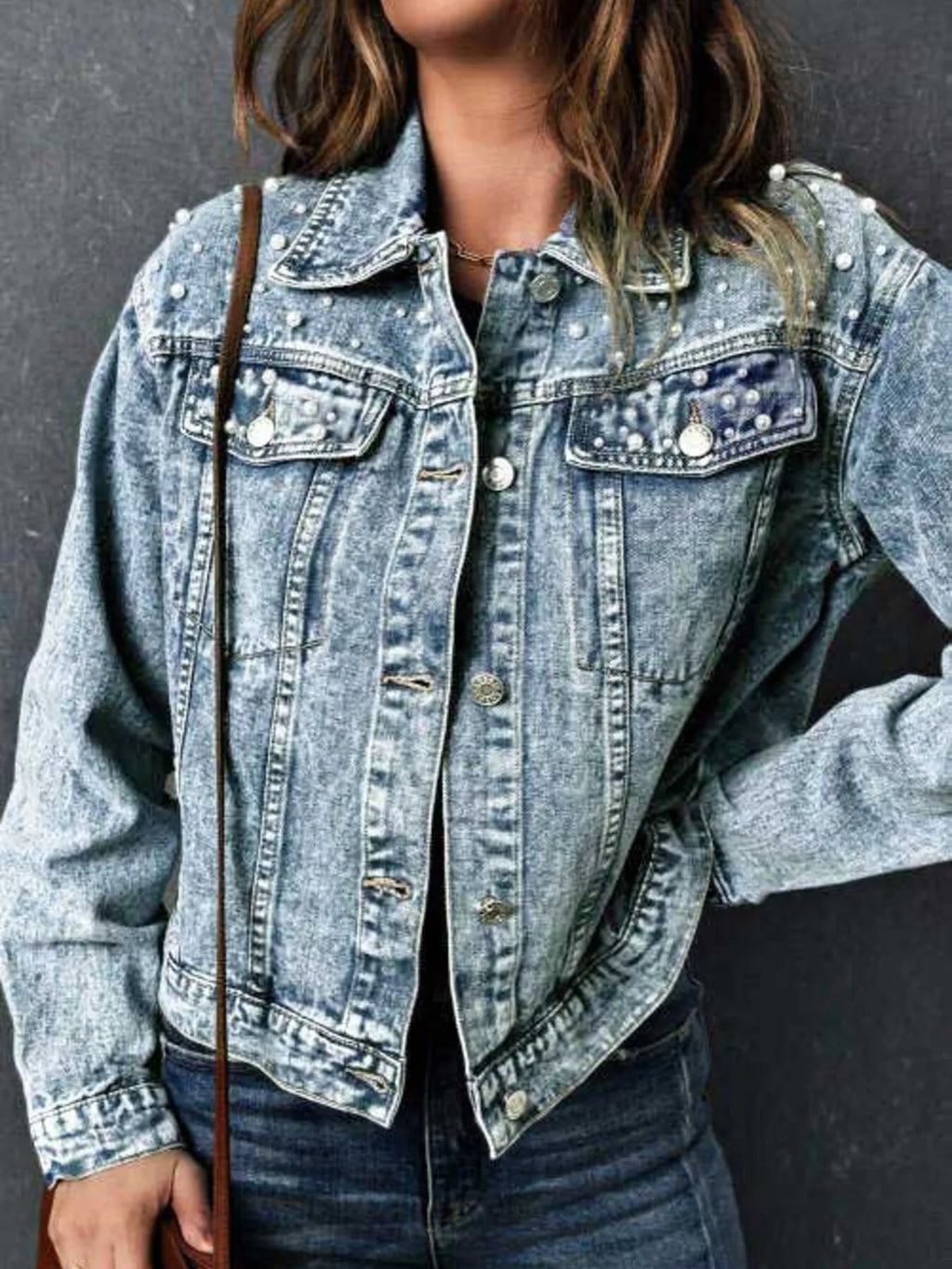 Pearl detail button up denim jacket front view