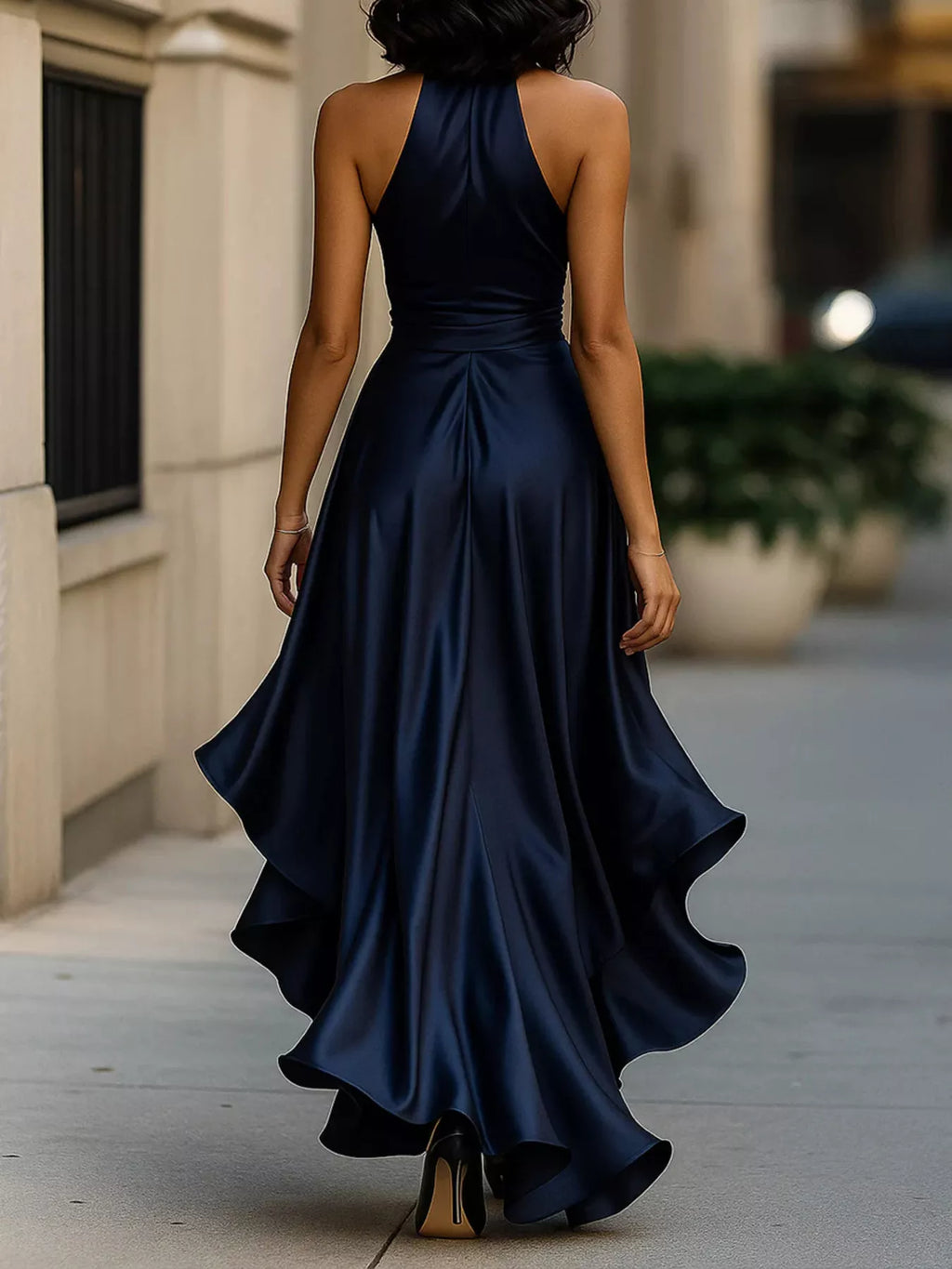 Tan ruffled maxi dress full length view