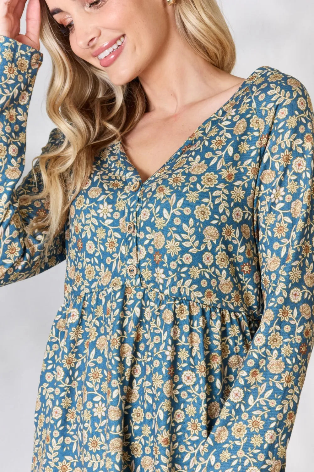 Floral blouse on model front view
