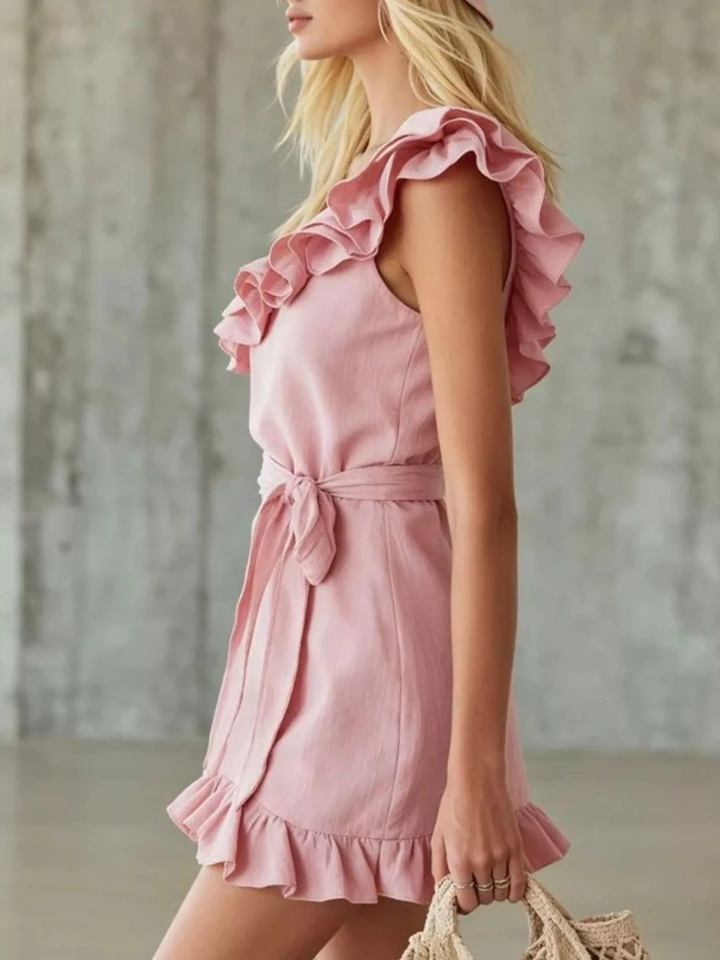 One shoulder wrap dress on model front