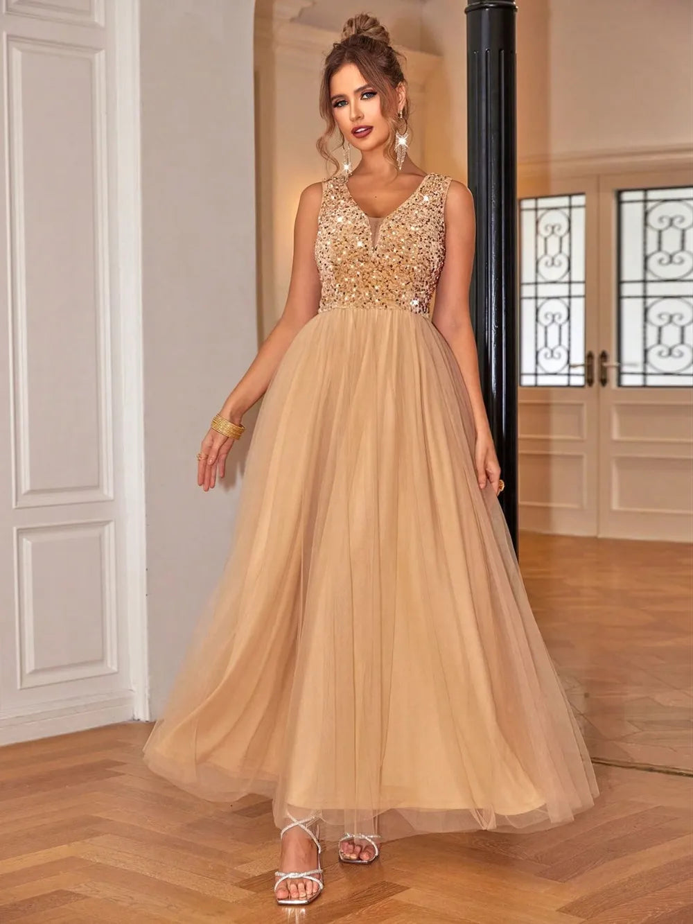 Tan sequin v neck maxi dress full outfit view