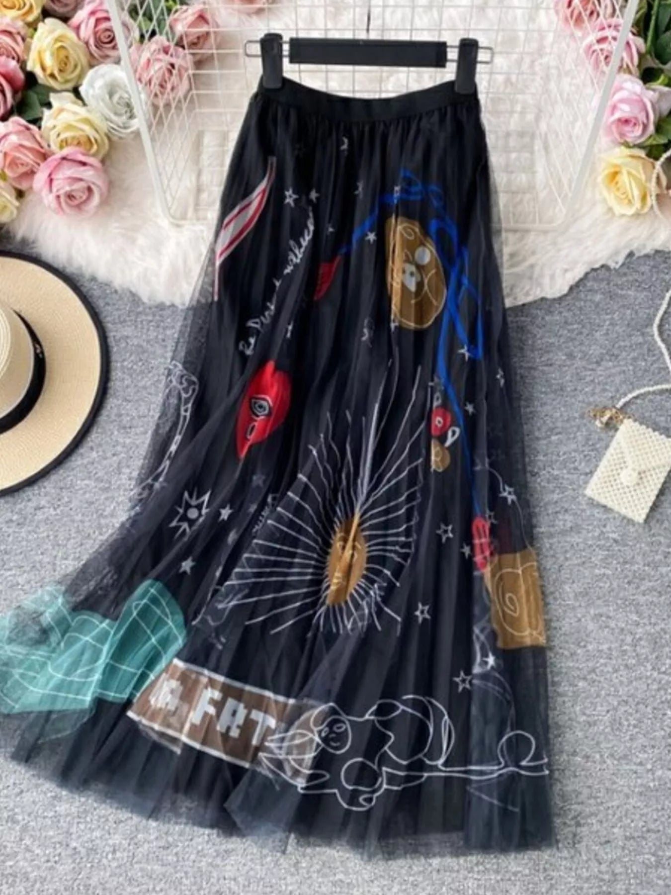Printed tulle midi skirt front view