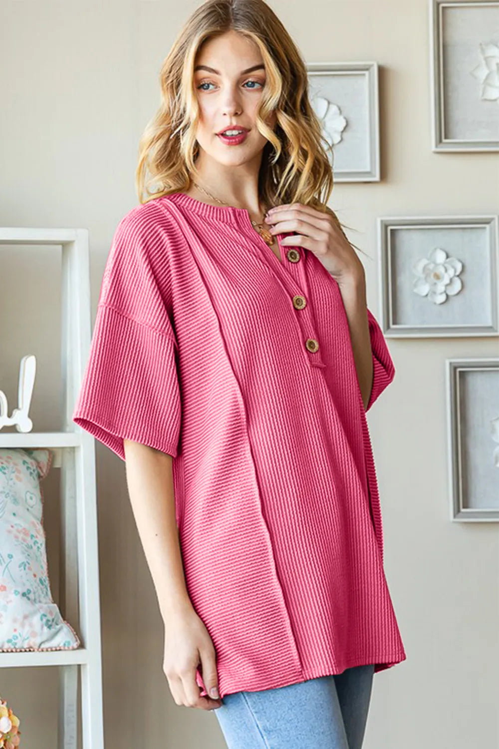 Ribbed half button drop shoulder top detail of ribbed knit texture