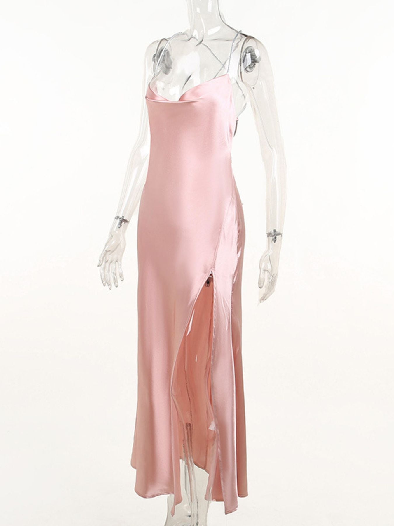 Satin cowl neck dress fabric drape detail