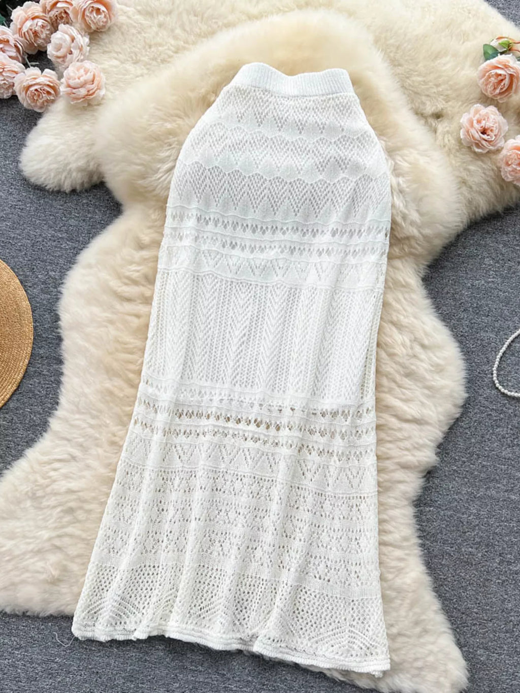 Knitted maxi skirt in apricot full body view