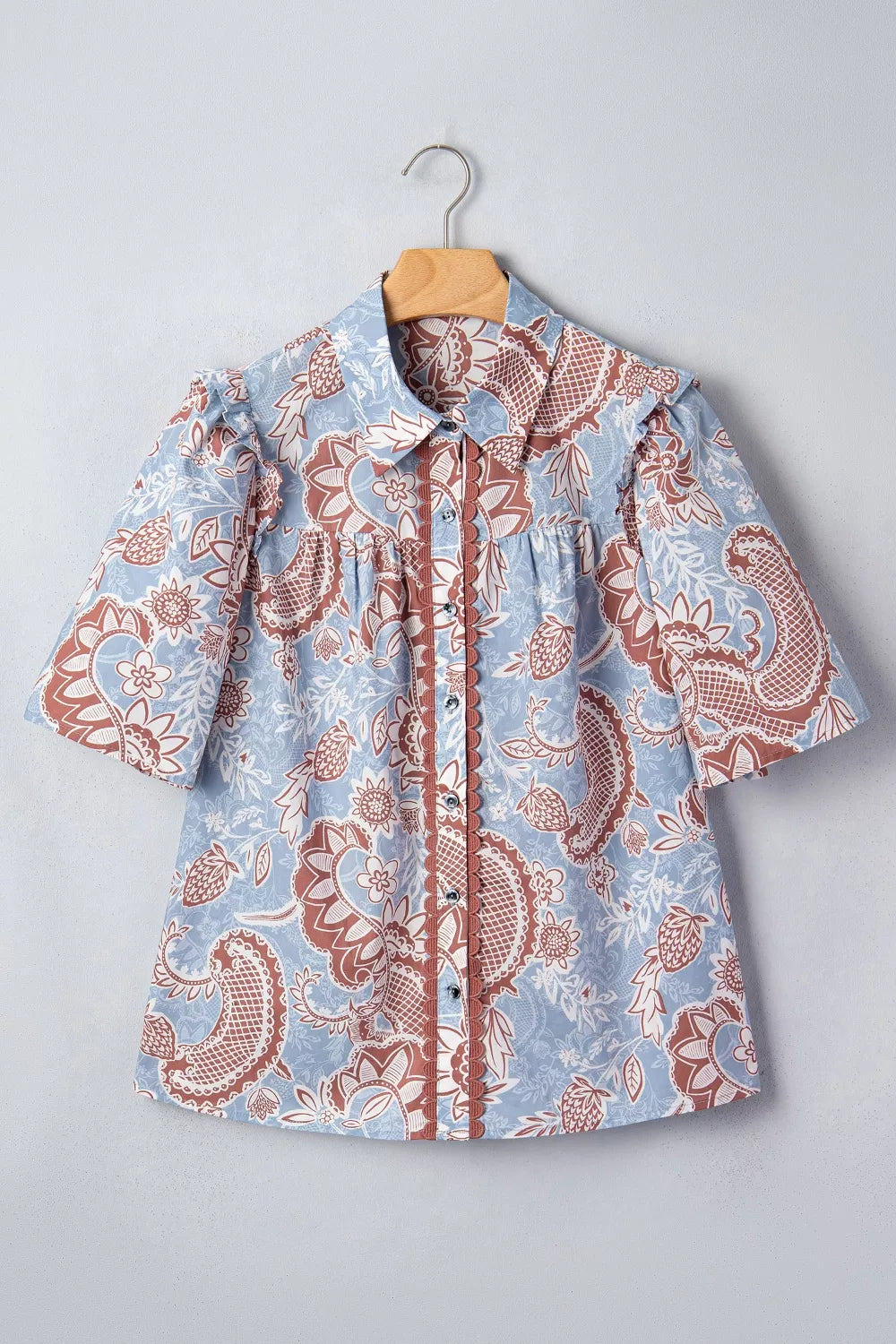 Short sleeve floral button down shirt back view