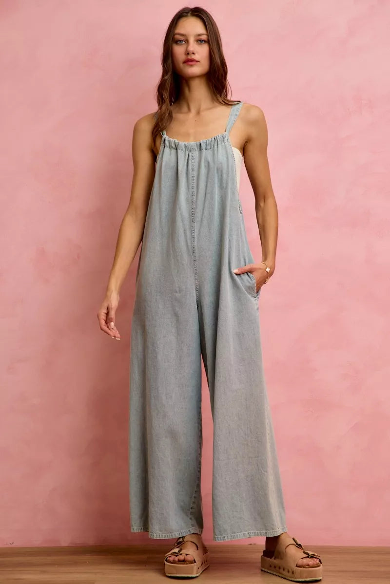Wide leg denim overalls full length front view