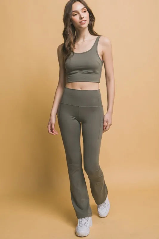 High waist flare leggings styled on model
