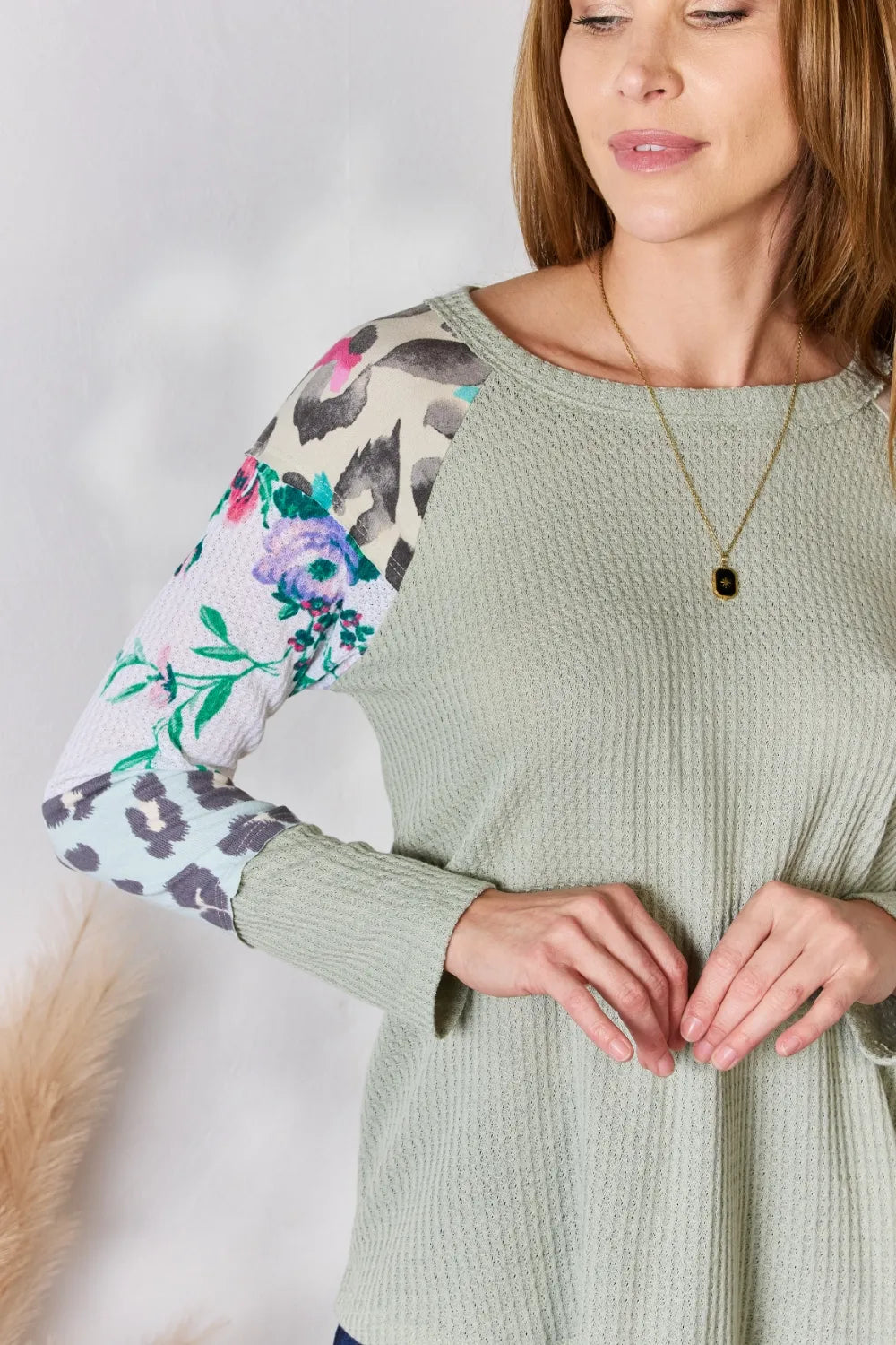 Printed round neck blouse sleeve detail