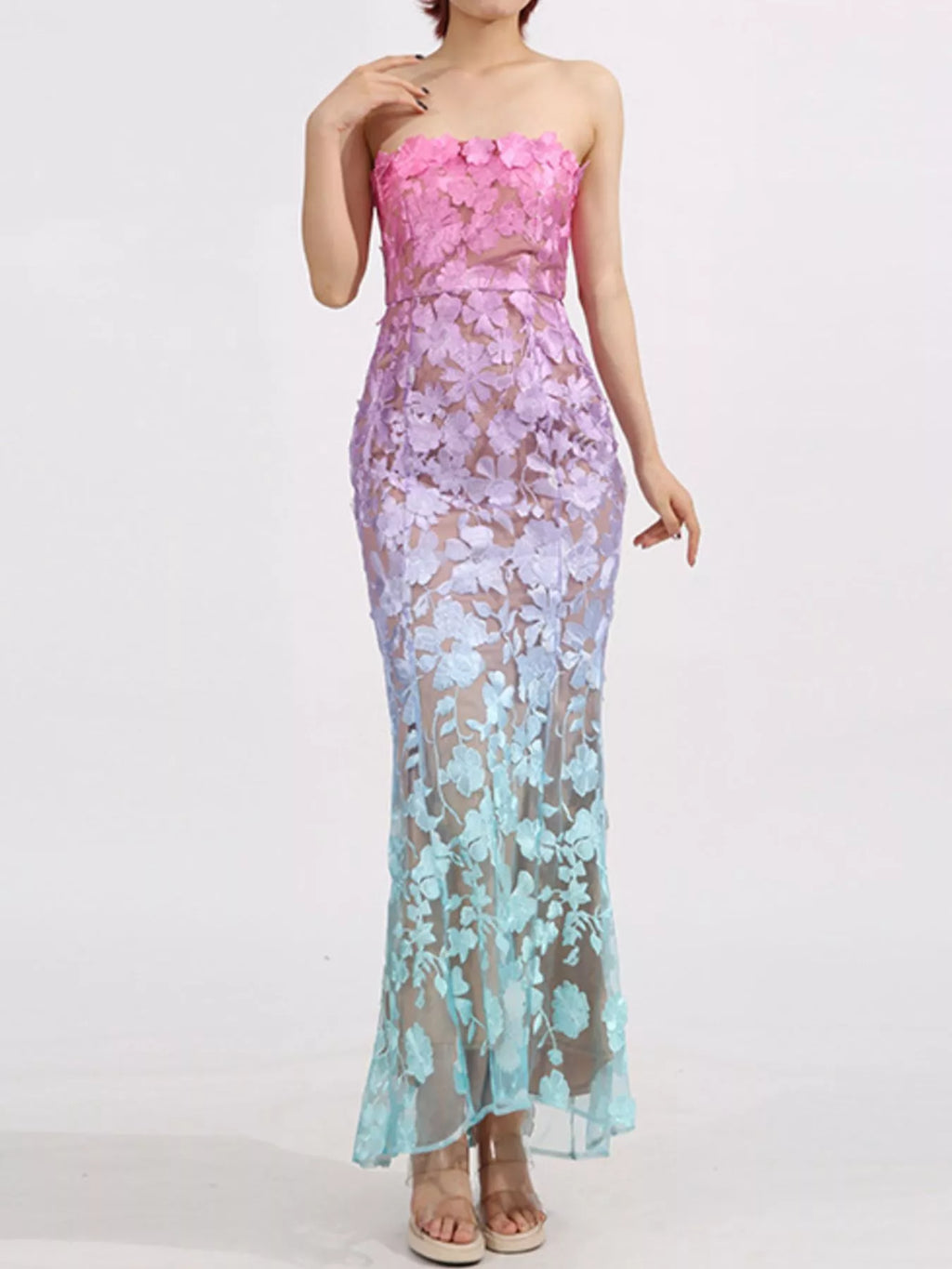 Strapless floral maxi dress side view on model