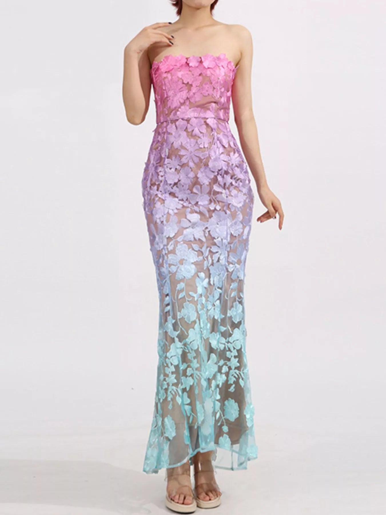 Strapless floral maxi dress side view on model