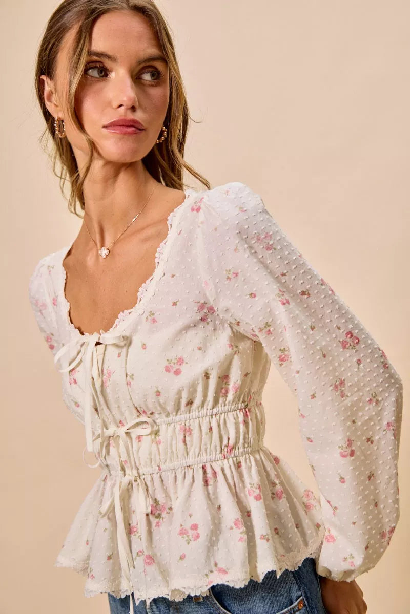 Floral clip dot blouse lace trim neckline detail