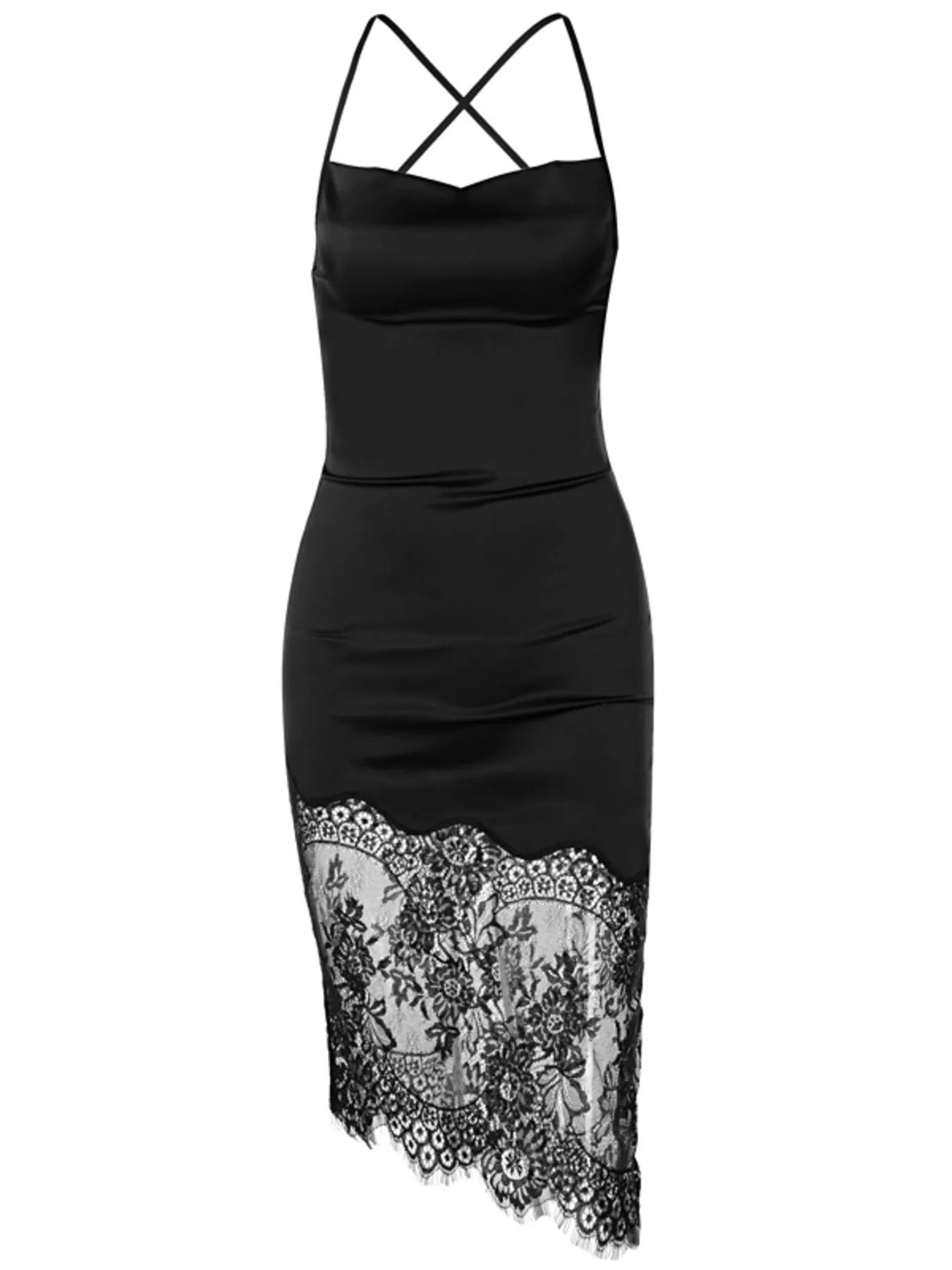 Model wearing black satin slip dress
