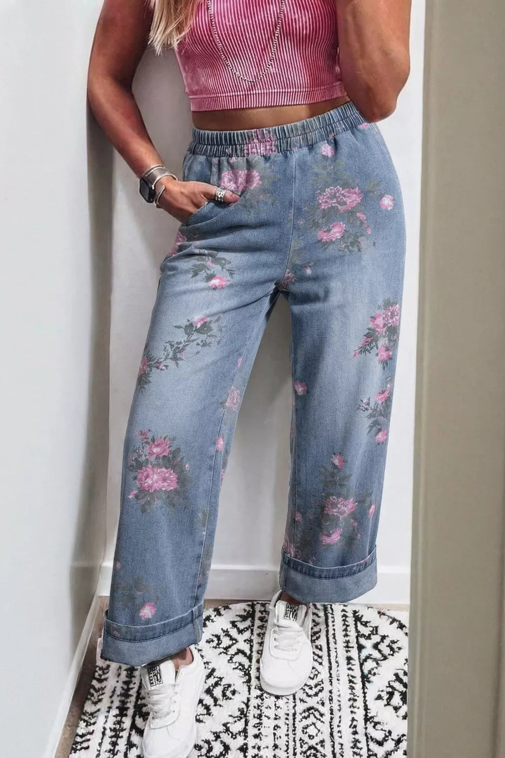 Side view of floral wide leg jeans full length