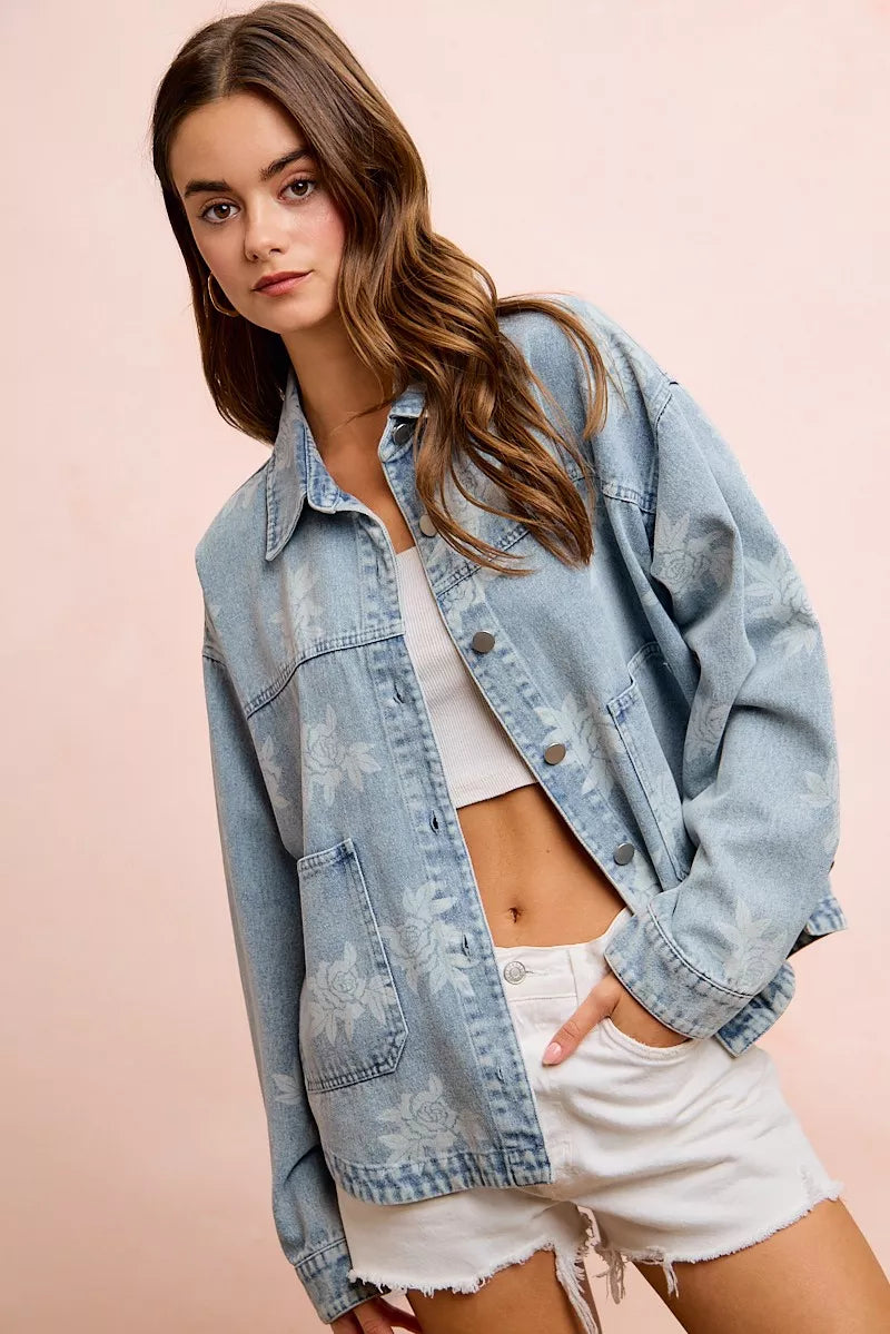 Floral denim jacket styled on model