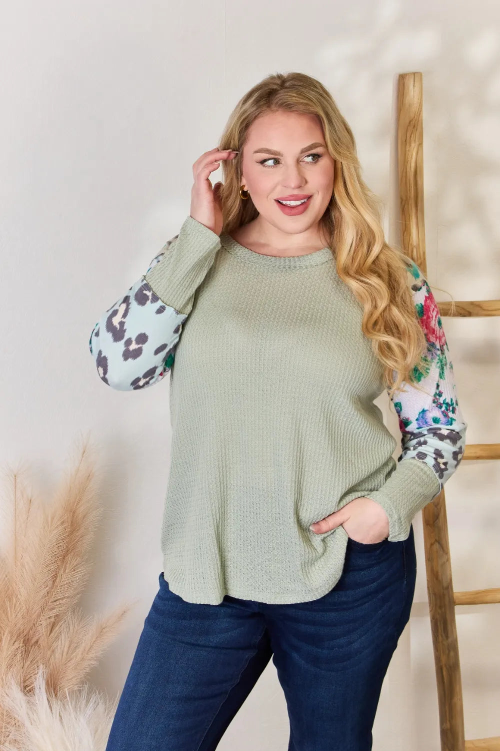 Printed round neck blouse full body view