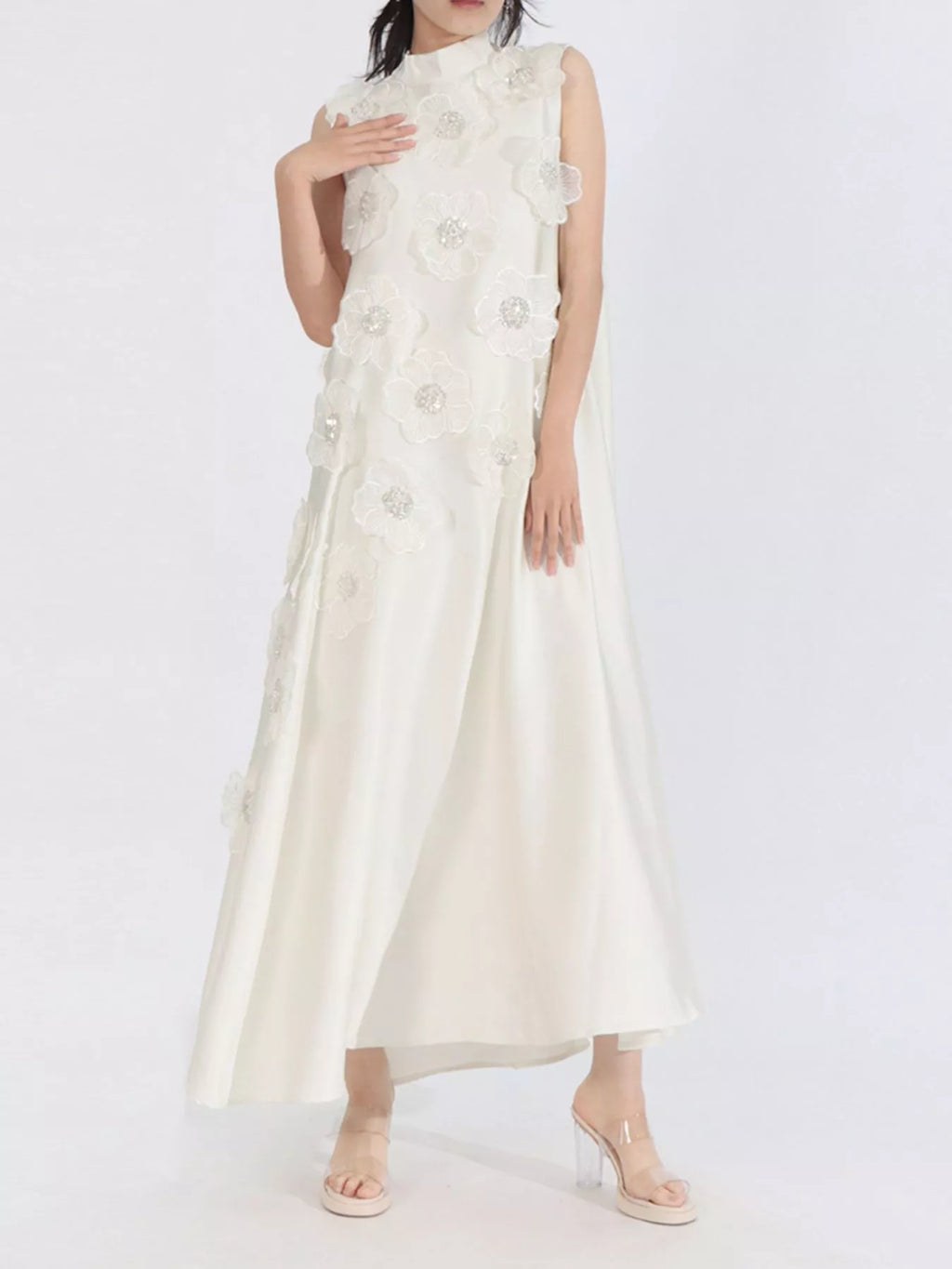 Floral maxi dress in apricot front view