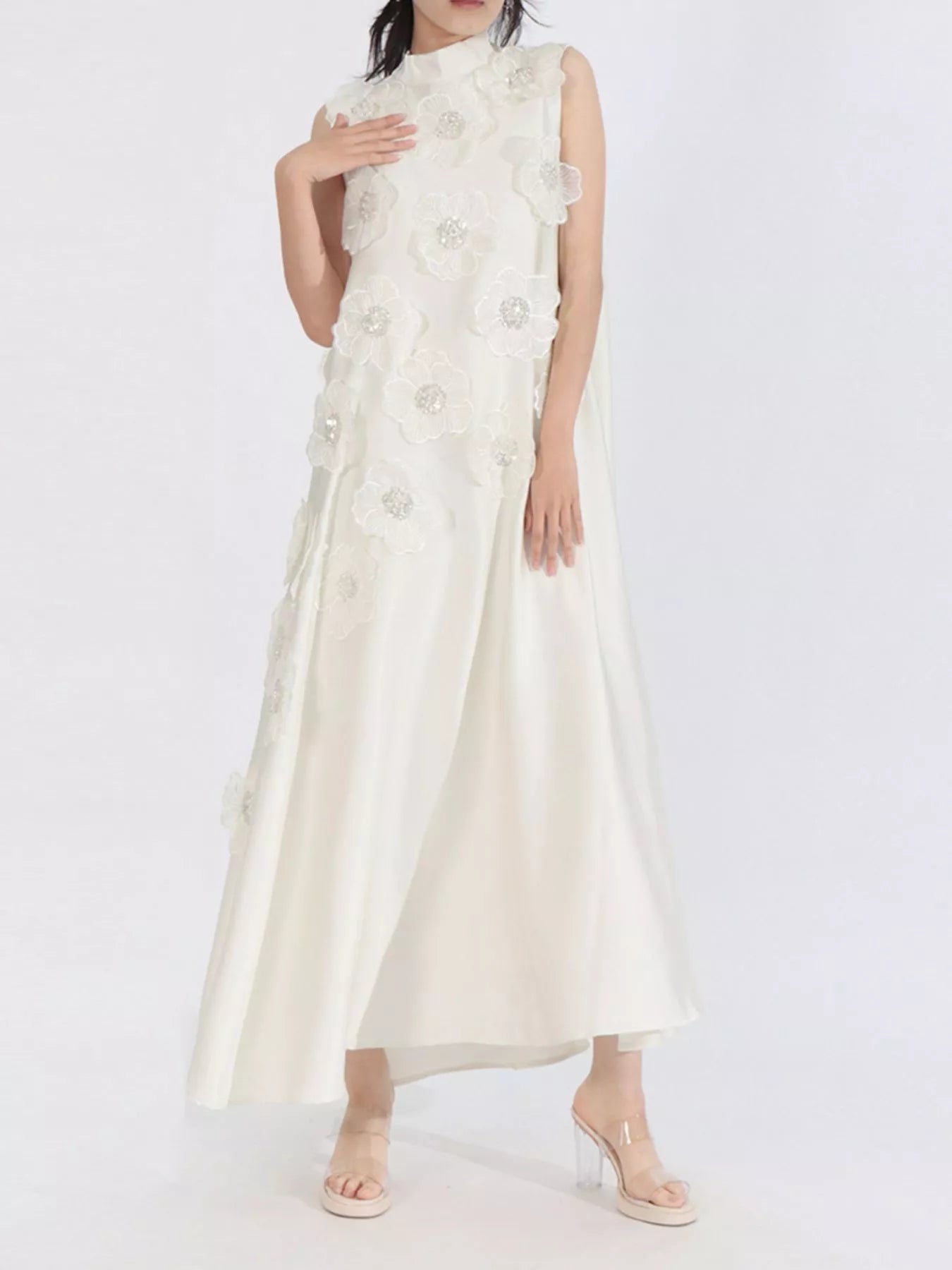 Floral maxi dress in apricot front view