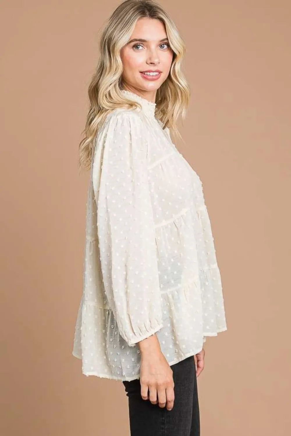 Smocked mock neck blouse detail of swiss dot texture