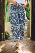 Dainty floral barrel jeans in dusty blue front view