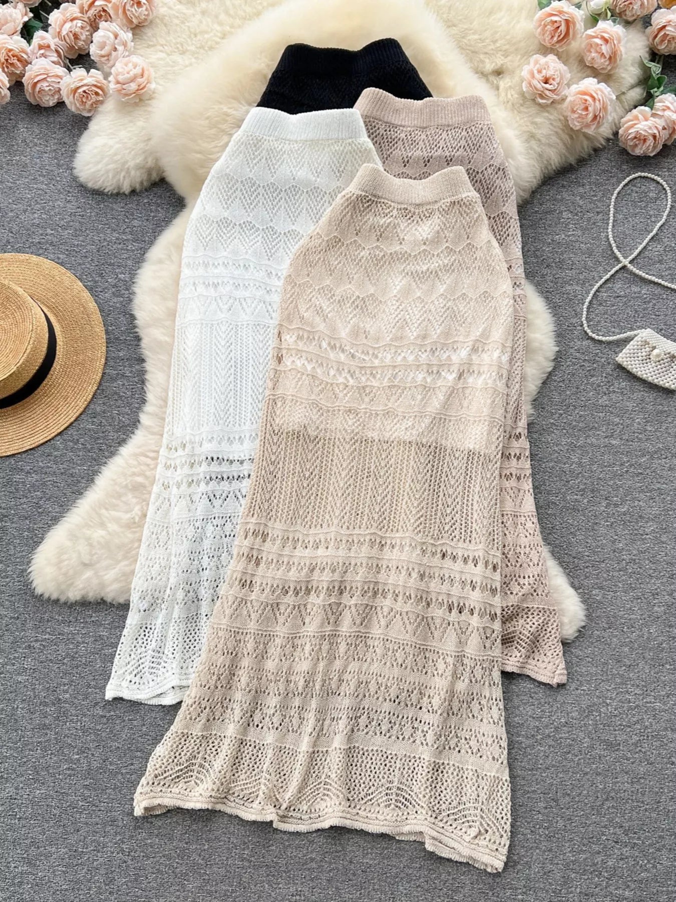Knitted hollow out maxi skirt front view with openwork knit