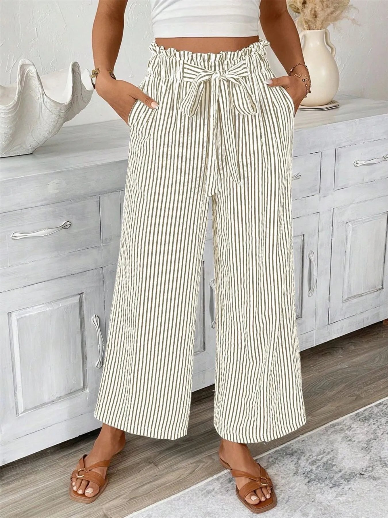 Army green wide leg paper bag pants back view