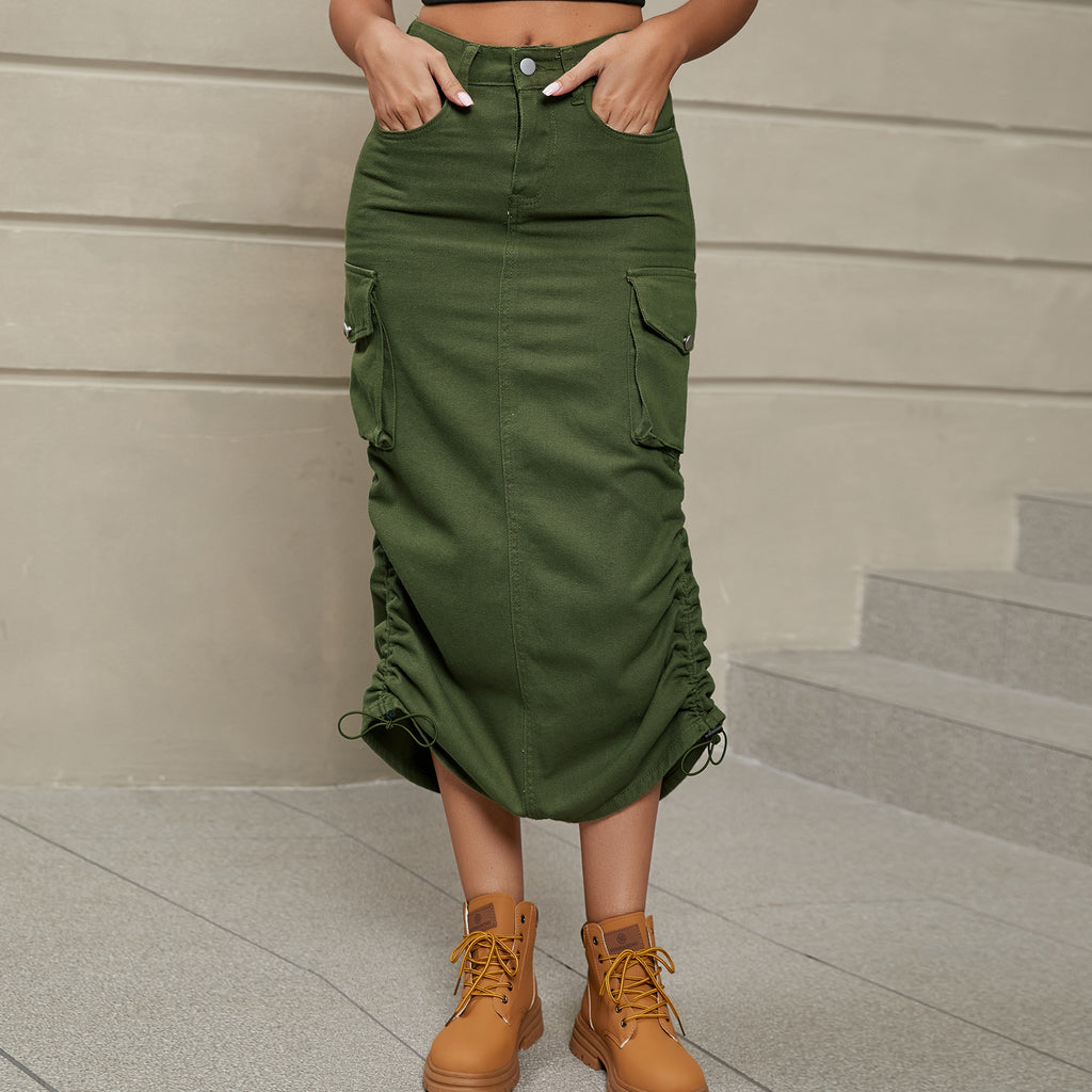 Ruched midi skirt styled full outfit