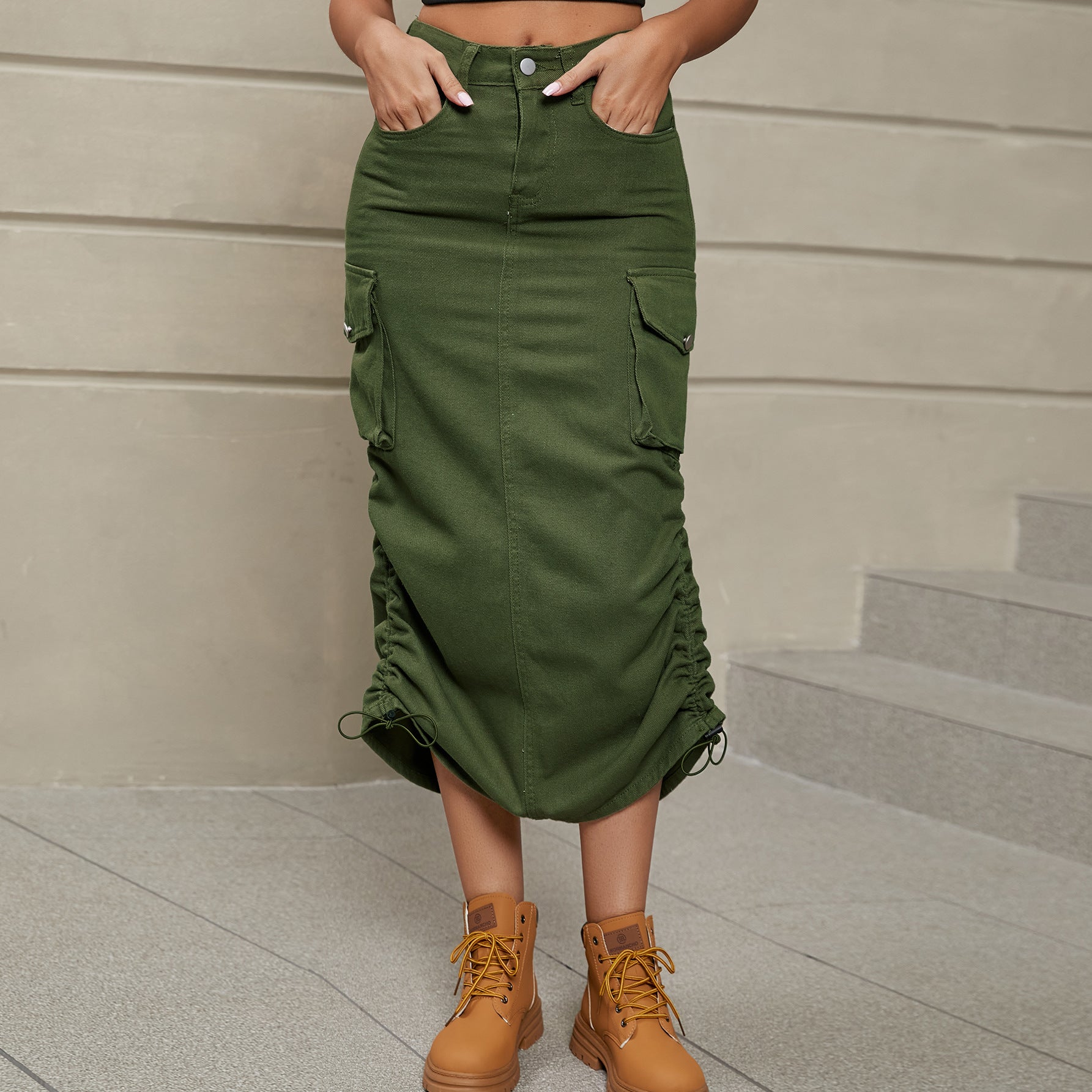 Ruched midi skirt styled full outfit