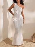 One shoulder crochet maxi dress in white front view