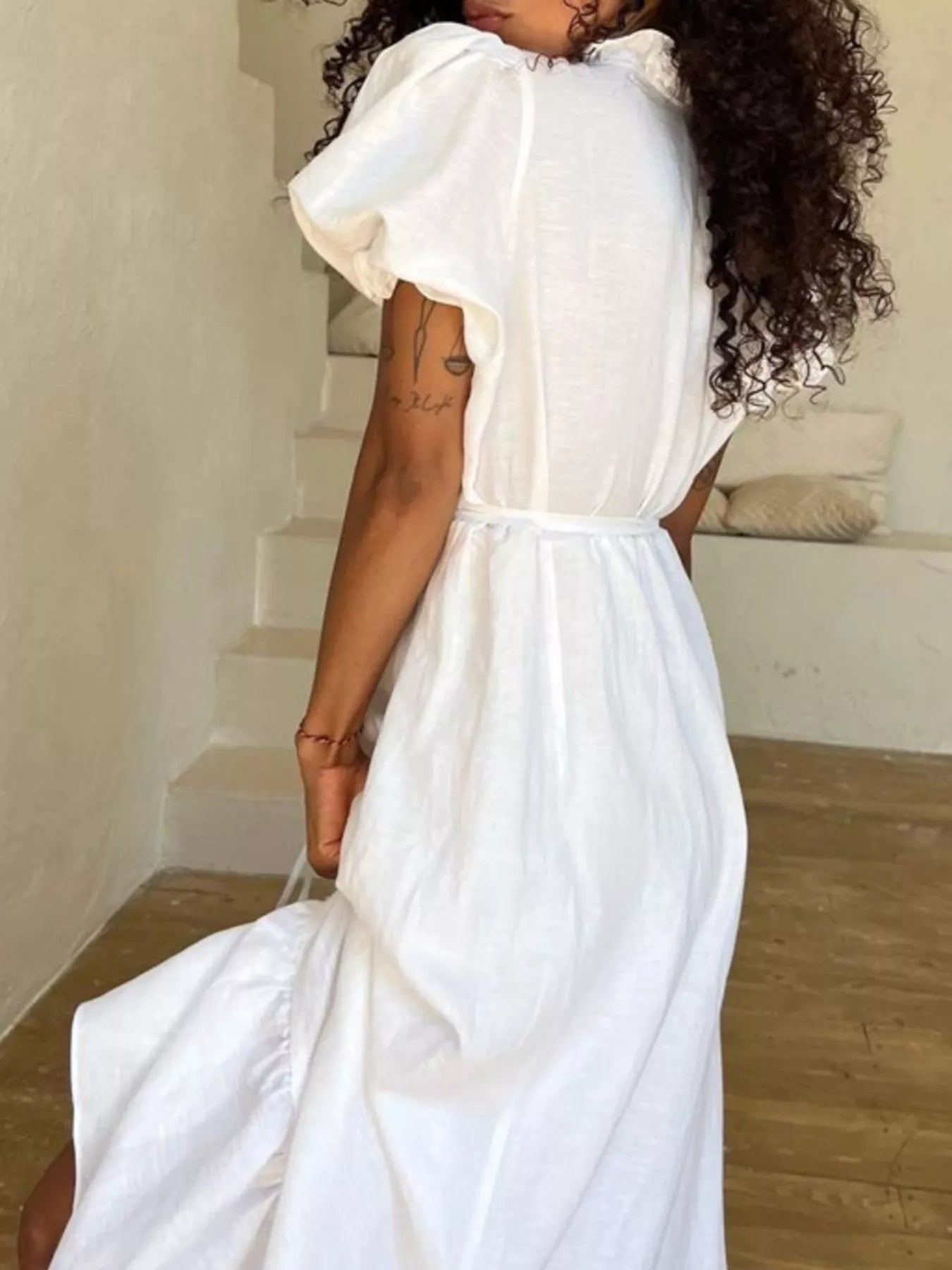Puff sleeve detail on tie waist maxi dress