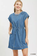 Light wash frayed denim mini dress front view