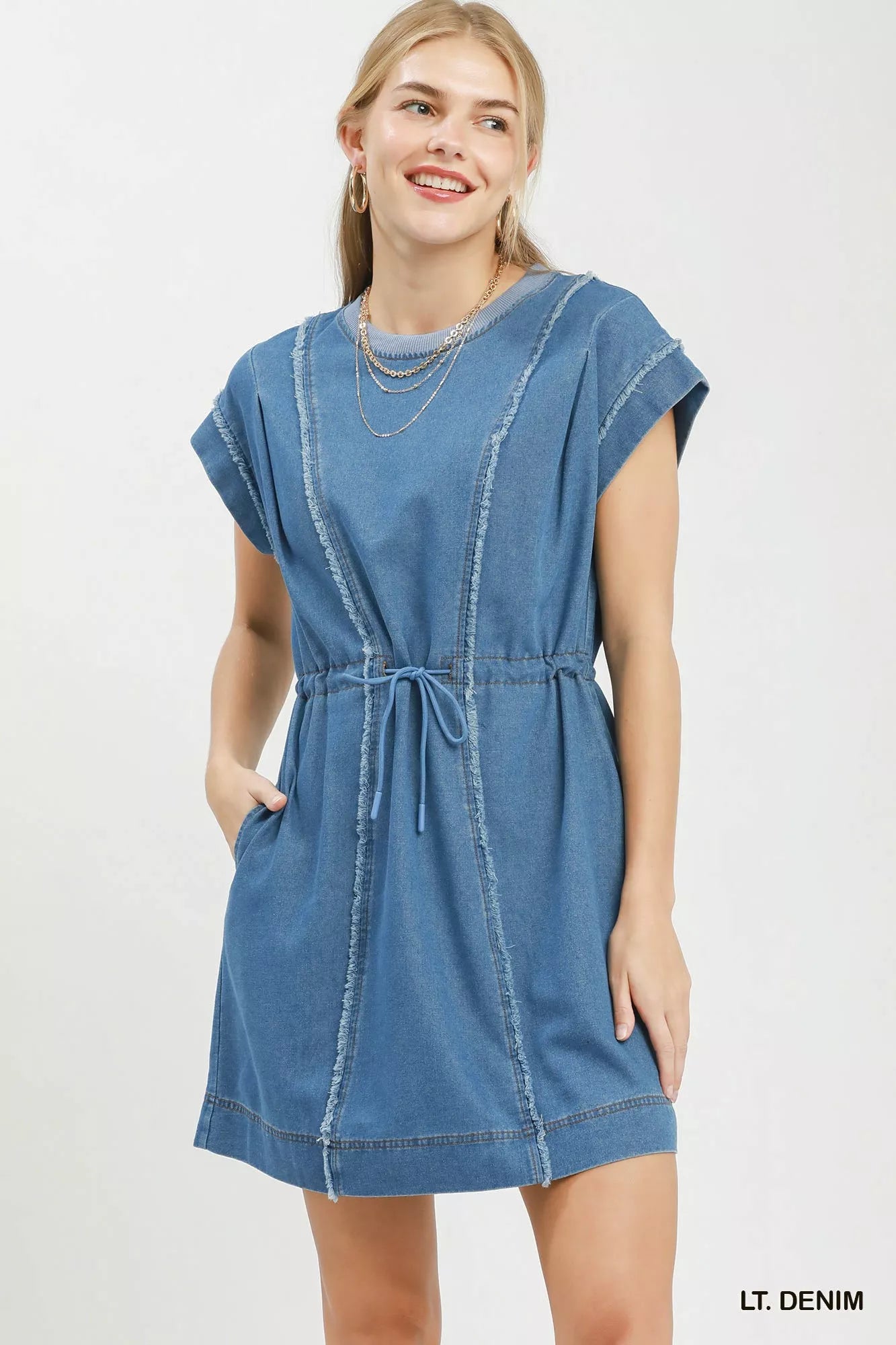 Light wash frayed denim mini dress front view
