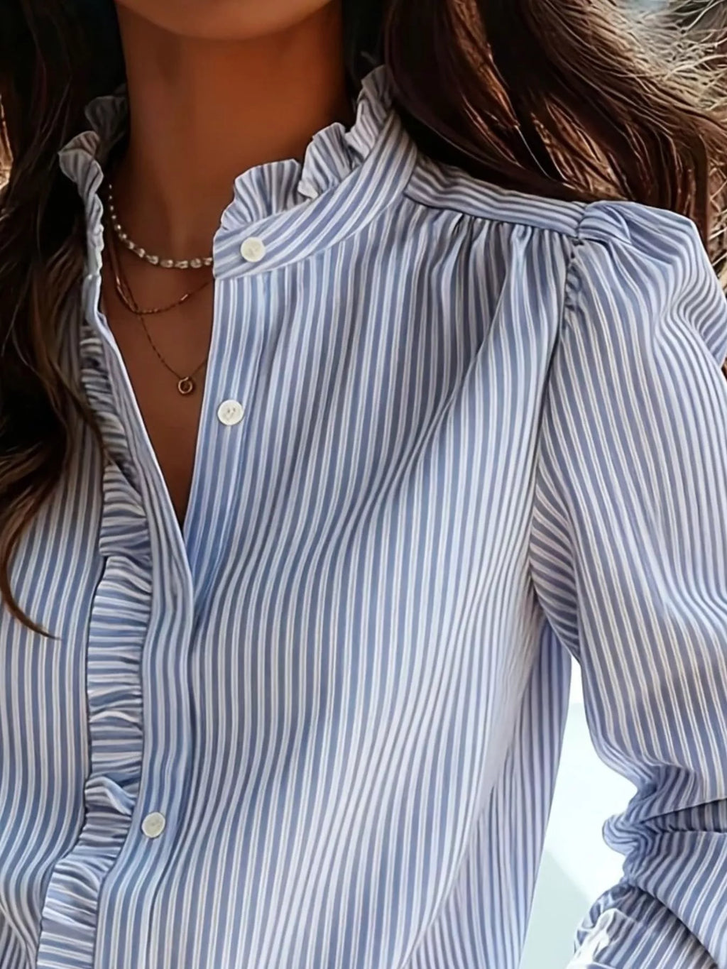 Striped ruffle trim button up shirt on model