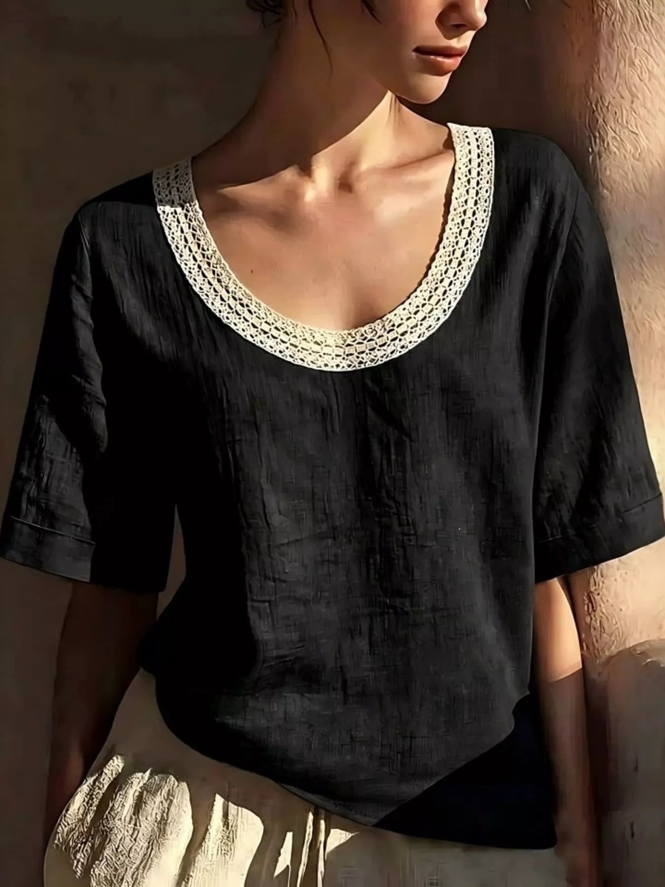 Lace trim short sleeve blouse plus size styled on model